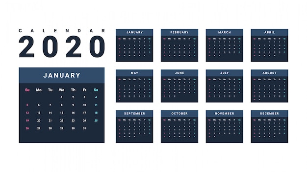 Calendario planner per l'anno 2020