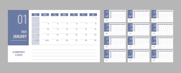 calendar or planner 2022 template 12 month with blue background