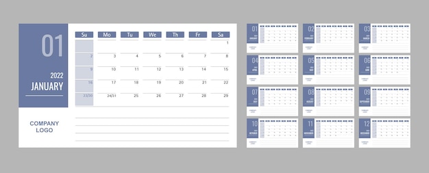 파란색 배경의 달력 또는 플래너 2022 템플릿 12개월