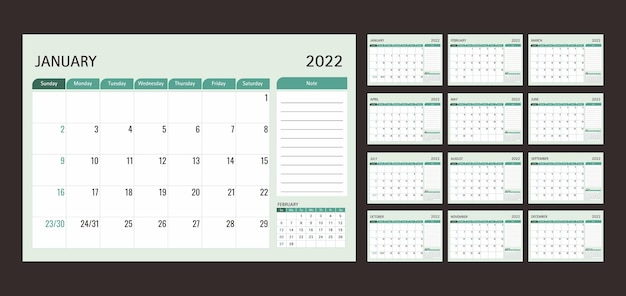 Modello di calendario o pianificatore 2022 12 mesi con sfondo verde