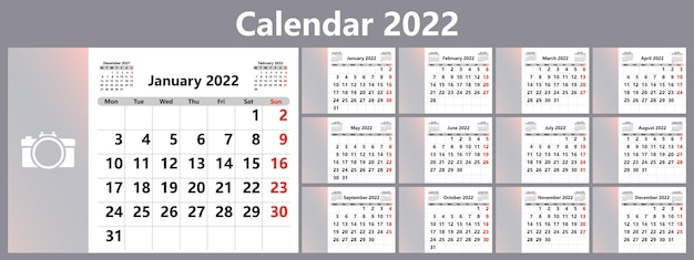 Calendar planner for 2022 The week starts on Monday Vector illustration