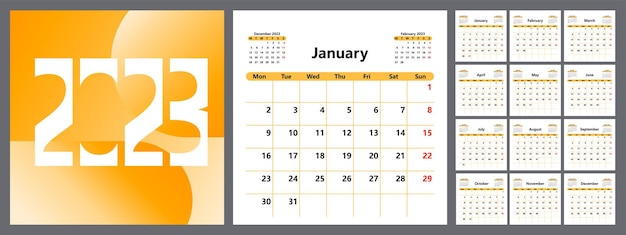Планировщик календаря на 2023 год. Неделя начинается в понедельник. Векторная иллюстрация