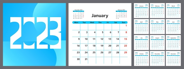 ベクトル 2023年のカレンダープランナー週は月曜日に始まりますベクトルイラスト