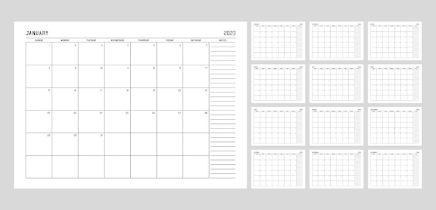 Calendar planner template for 2023 year. week starts on sunday with notes.