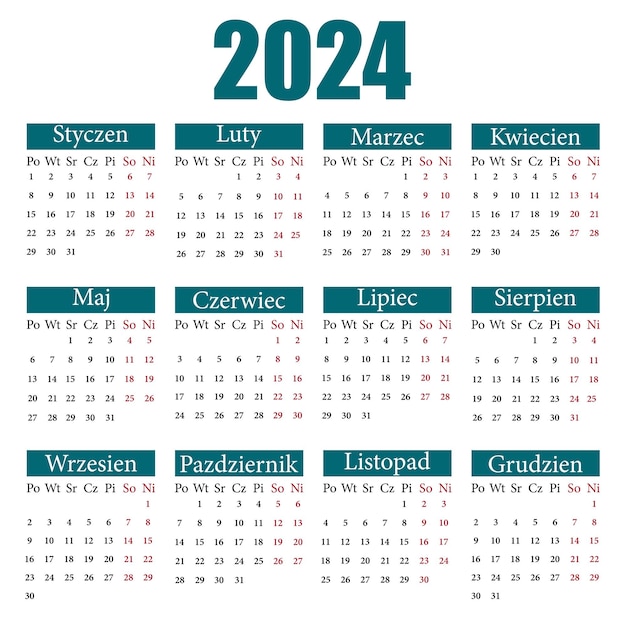 Calendar in Polish for 2024 The week starts from Monday Vector illustration