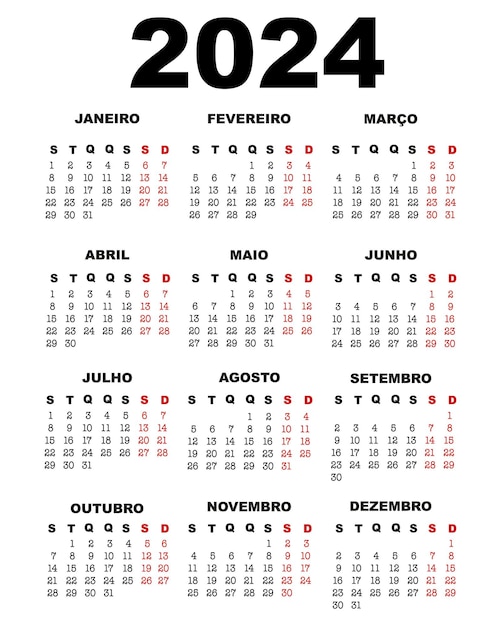 Calendario in portoghese anno 2024 orientamento verticale