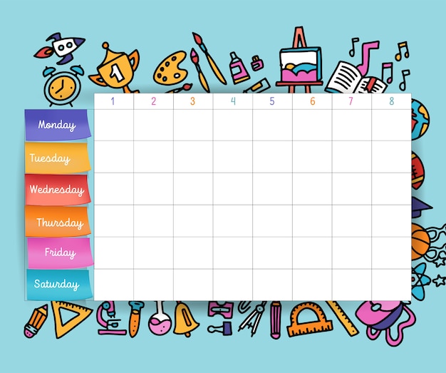 Vector calendar schedule with stickers. school planning or scheduling work. vector volume illustration. template school timetable for students and pupils.