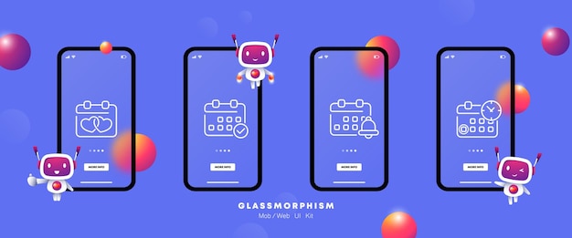 달력 세트 아이콘 기념일 중요한 날 알림 년 시계 눈금 엄수 주 월 날짜 관리 개념 Glassmorphism Ui 전화 앱 화면 비즈니스를 위한 벡터 라인 아이콘