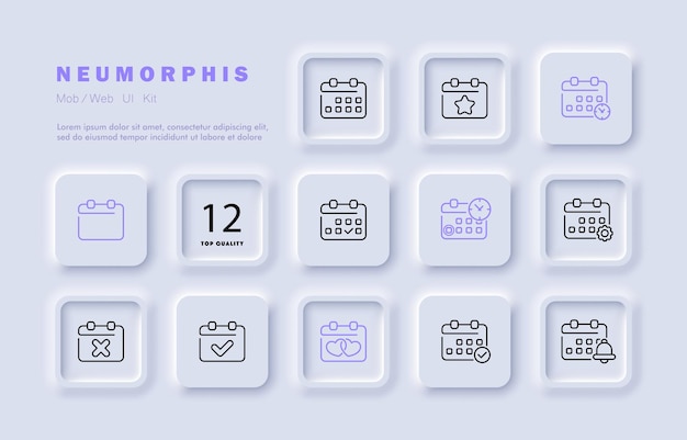 カレンダーセットアイコン記念日日週月年設定時計リマインダー休日ティッククロス日付管理コンセプトネオモルフィズムスタイルビジネスと広告のためのベクトル線アイコン