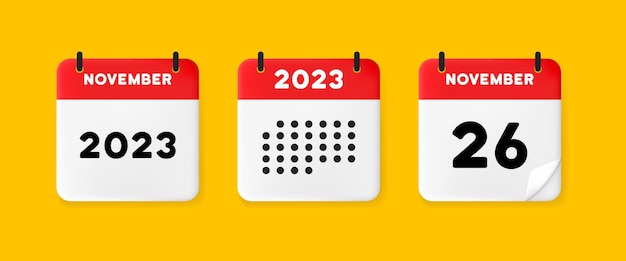 カレンダーセットアイコン黄色の背景にカレンダー、2023年11月26日26番号テキストリマインダー日付管理コンセプトビジネスおよび広告用のベクトル線アイコン