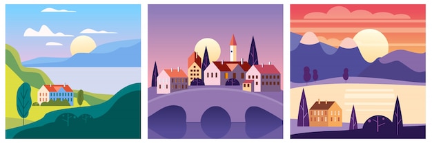 calendar set landscape summer in flat minimal simple style