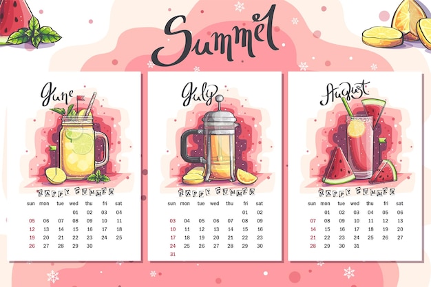 Calendar summer 2022 glass with teamint orange and lemon