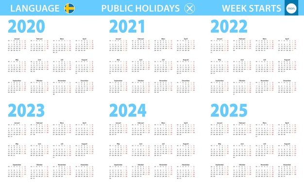 Calendar in swedish language for year 2020, 2021, 2022, 2023, 2024, 2025. week starts from monday.