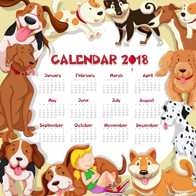 Vettore modello di calendario per il 2018 con molti cani carini