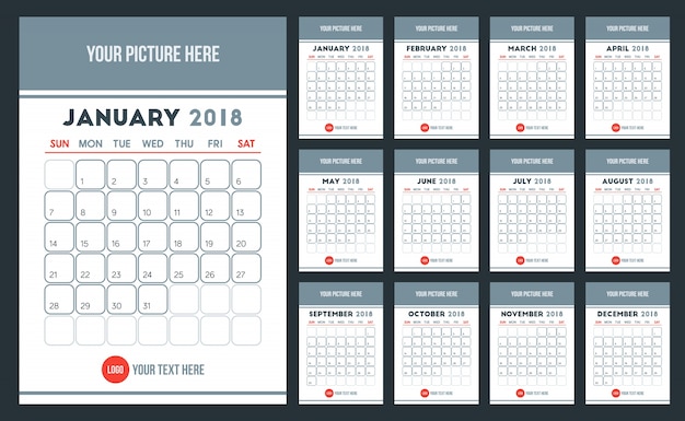 Modello di calendario per l'anno 2018 in un design pulito e semplice con colore grigio e rosso