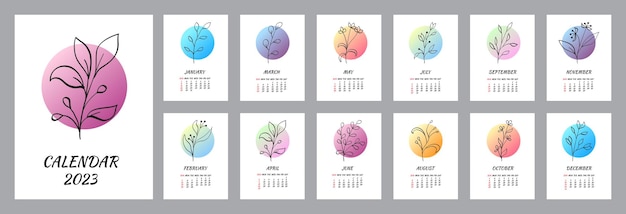 Calendar template for 2023 Vertical design with botanical line art Natural colors Set of 12 months with cover Vector mesh Week starts on Sunday