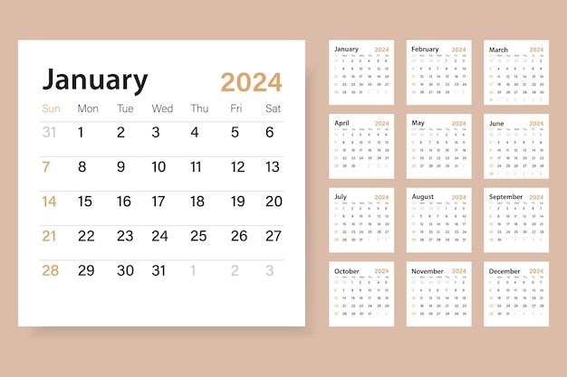 Modello di calendario per il 2024 stile classico minimalista semplice