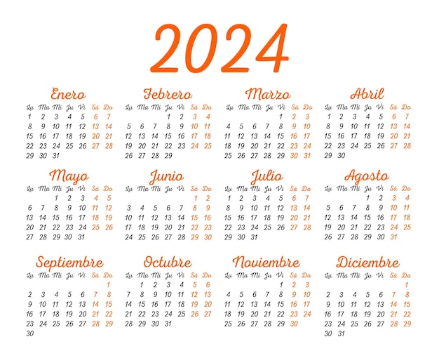 Vettore modello di calendario per il 2024 in spagnolo la settimana inizia il lunedì