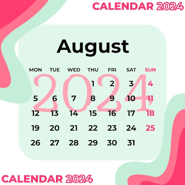 Calendar Template August 2024 Pink Green Vector illustration design