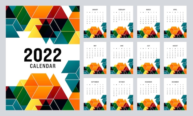 Дизайн шаблона календаря на 2022 год, ежемесячный планировщик для печати декоративный с красочной изометрической формой, неделя начинается в воскресенье, векторная иллюстрация