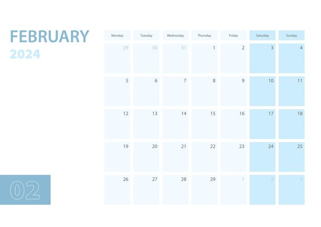 Calendar template for the February 2024 the week starts on Monday The calendar is in a blue color scheme