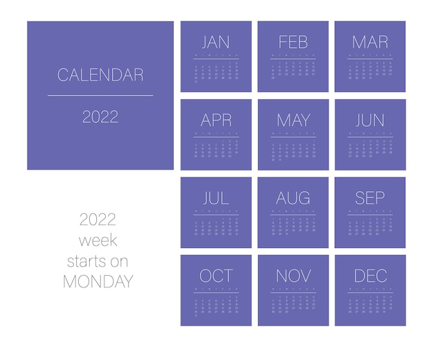 ベクトル トレンディな2022カラーの2022スクエアデザインのカレンダーテンプレート非常にペリウィークは月曜日に始まります