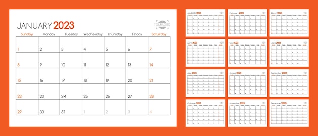 Шаблон календаря на 2023 год английская неделя начинается в воскресенье набор из 12 месяцев векторный редактируемый шаблон календаря
