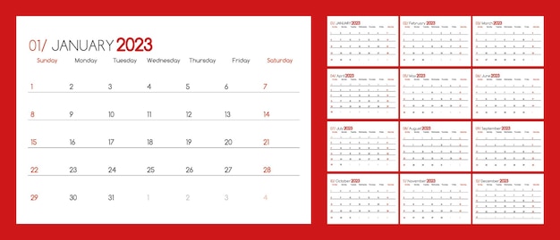 Шаблон календаря на 2023 год английская неделя начинается в воскресенье набор из 12 месяцев векторный редактируемый шаблон календаря