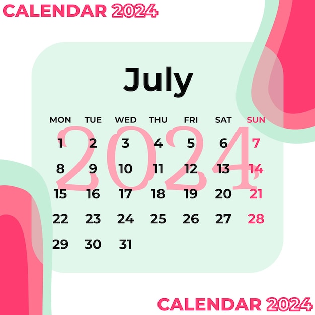 Premium Vector Calendar template july 2025 pink green vector