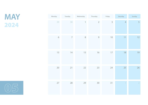 Modello di calendario per maggio 2024 la settimana inizia lunedì il calendario è in una combinazione di colori blu