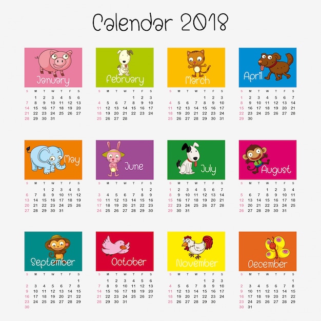 Modello di calendario con diversi animali