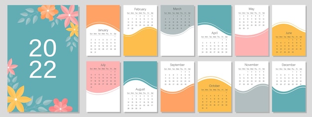 Vector calendar template for the year 2022 bright design a set of pages for 12 months of 2022