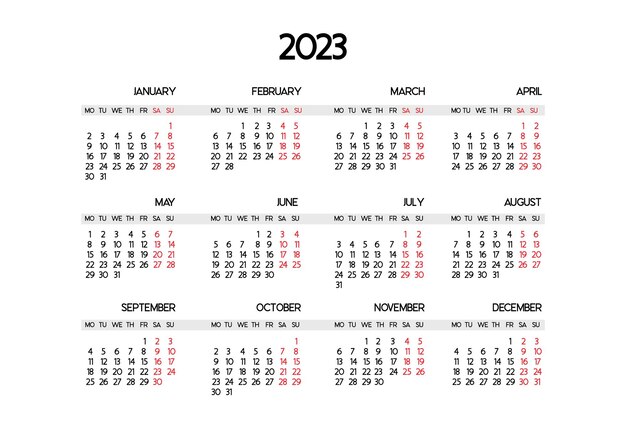 Modello di calendario per l'anno 2023 l'inizio della settimana è lunedì