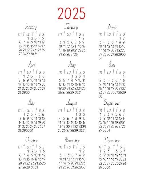 Vector calendar template for the year 2025 in simple minimalist style week starts on monday vector printable page