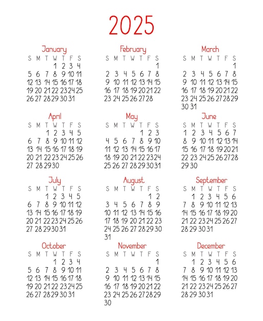 Modello di calendario per l'anno 2025 in semplice stile minimalista la settimana inizia la domenica pagina stampabile