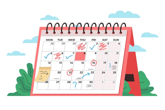 Calendar time management concept Vector conceptual illustration of a big desk calendar showing monthly schedule with notes and check marks Concept of time management monthly schedule timetable