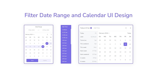 벡터 캘린더 ui 및 필터 ui 디자인