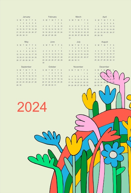 Modello vettoriale del calendario per l'anno 2024 con fiori selvatici disegnati a mano su uno sfondo chiaro