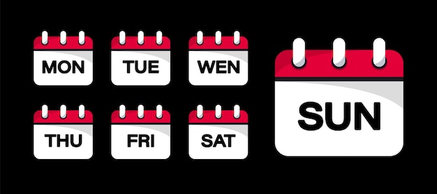 Calendar web buttons - days of the week. the days of week badges. set of every day of a week calendar icons in trendy flat style