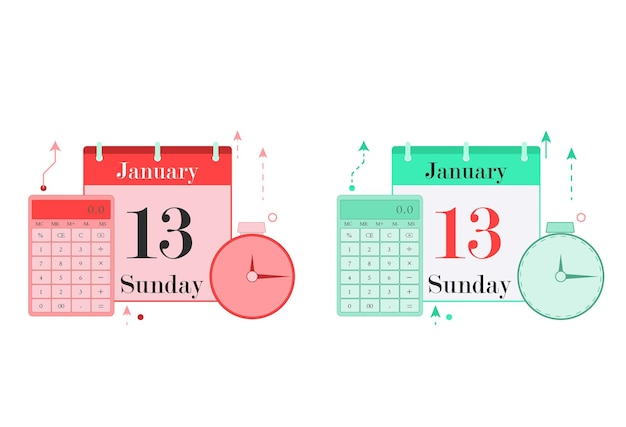 Vettore calendario con calcolatrice e illustrazione del timer in due stili