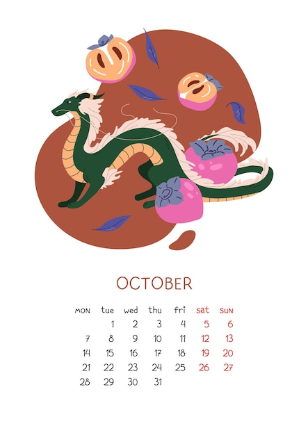 中国のドラゴンとパキモンのカレンダー 10月のドラゴンベクターのプランナー