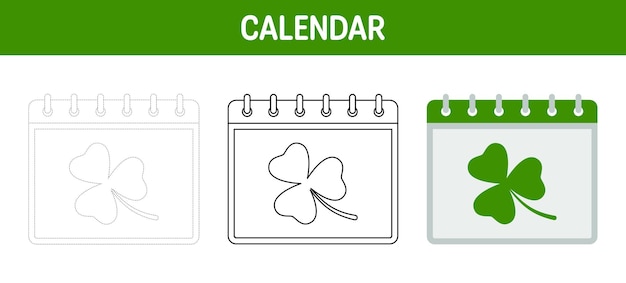 Calendar with Clover tracing and coloring worksheet for kids