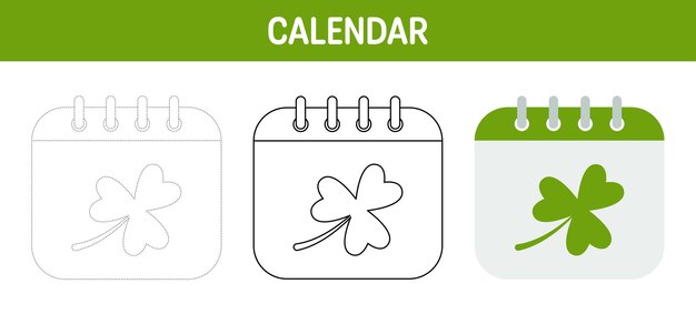 Calendar with Clover tracing and coloring worksheet for kids