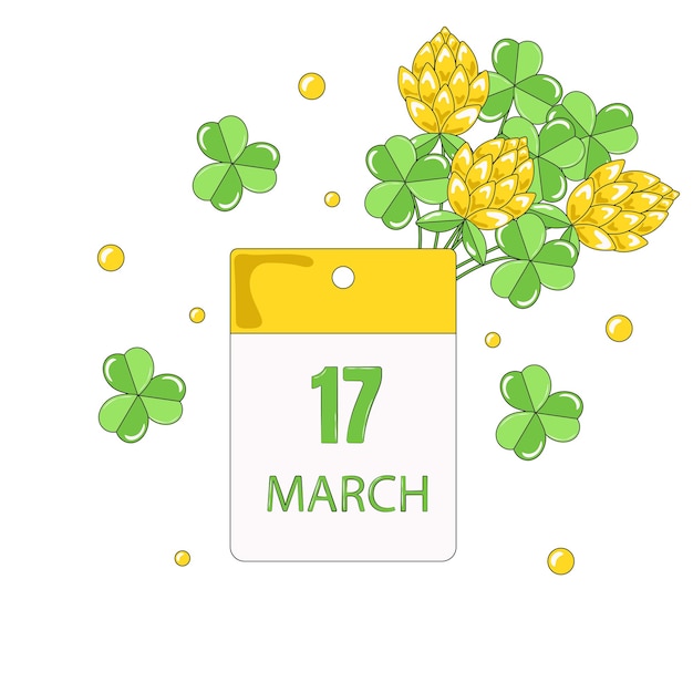 Calendar with Date March 17 Reminder of St Patricks Day Bouquet of Flowers and Clover Leaves