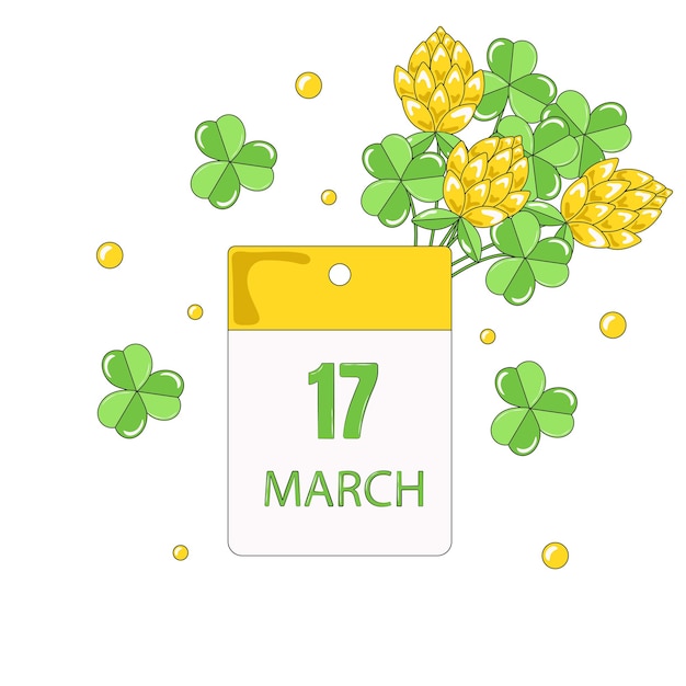 Calendar with date march 17 reminder of st patricks day bouquet of flowers and clover leaves