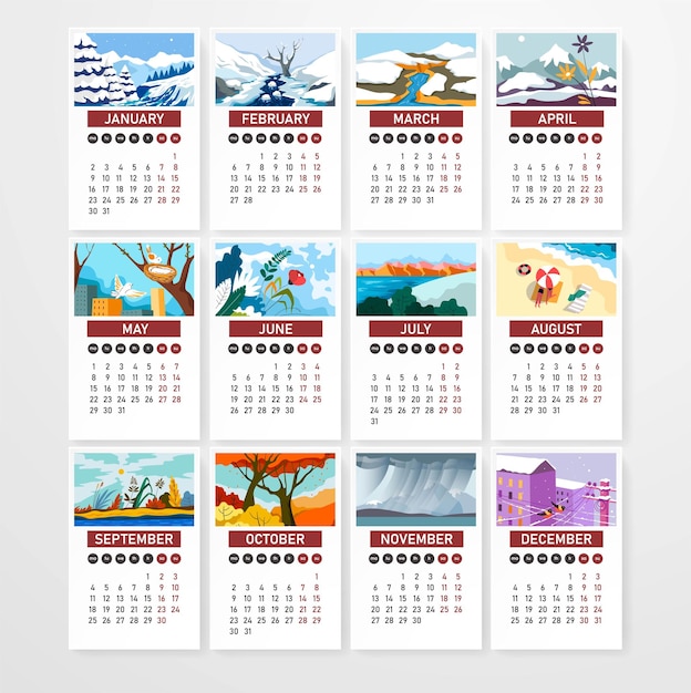 Vector calendar with dates and days landscapes vector