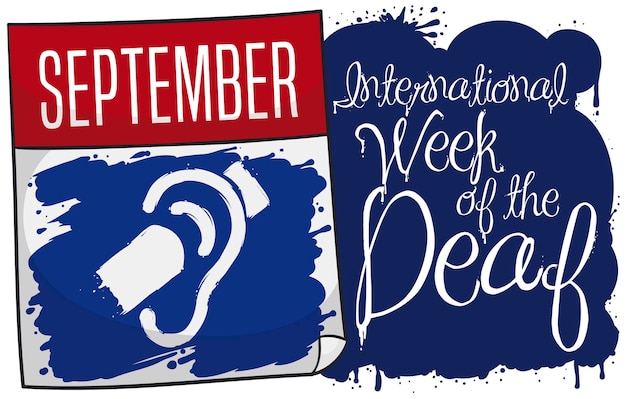 Календарь с символом глухих, нарисованным синей кистью, с посланием к неделе глухих.