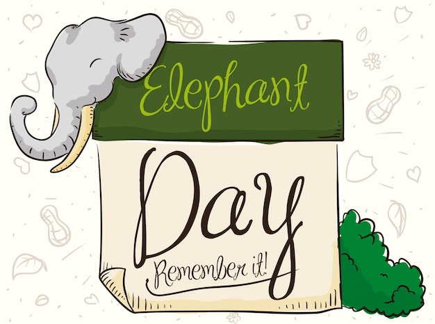 Vector calendar with elephant bush leaves shields hearts and peanuts doodles reminding you the elephant day