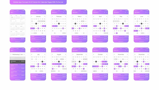 Vector calendar with to do list mobile app set on white