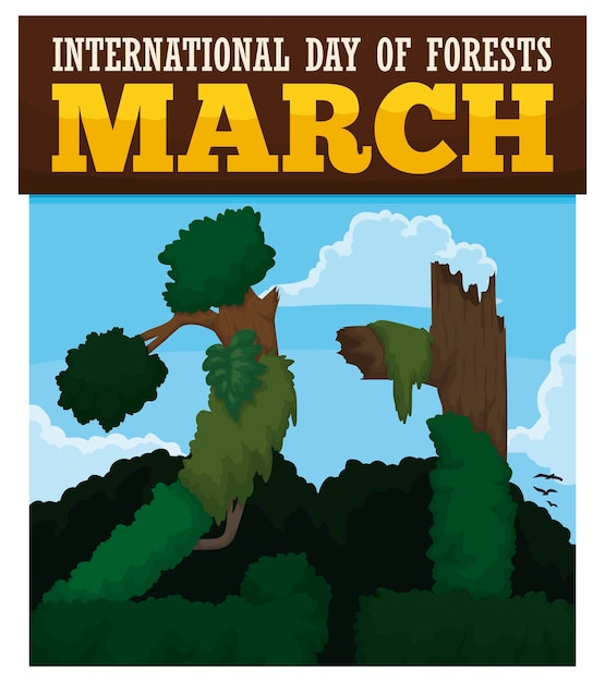 Calendar with naturescape clouds and tall trees trunks and vegetation forming 21 for Day of Forests